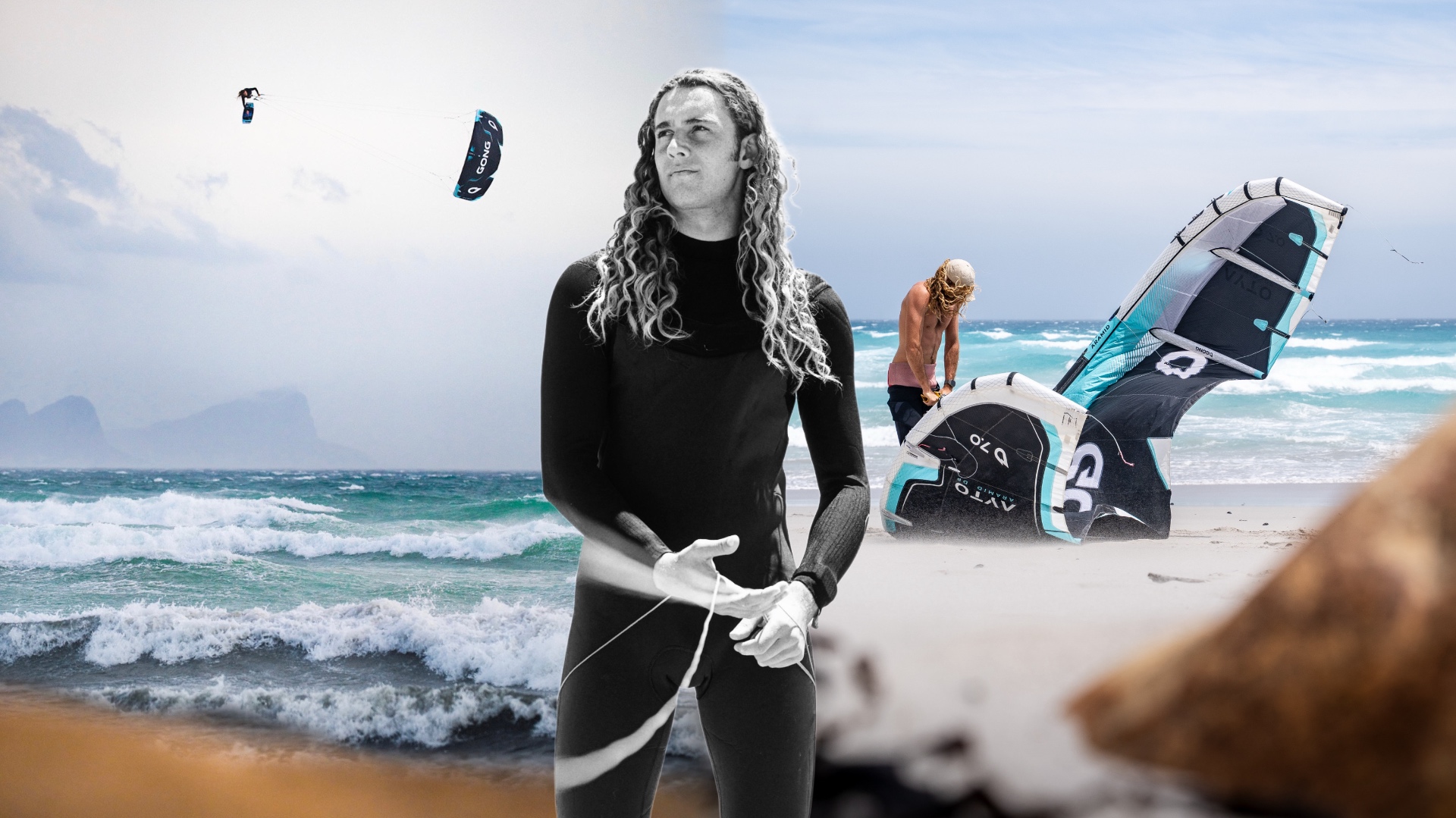 Yücel Paralik on the beach with his kite gear, with a big air jump in the sky behind him